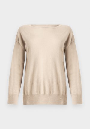 Pull beige en maille douce, doté d'un col rond, de manches longues et d'une coupe décontractée avec des poignets et un ourlet côtelés.