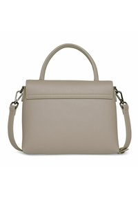 Beige leren handtas met een gestructureerd ontwerp, voorzien van een bovenhandvat, een afneembare schouderband en een klepclosure. Soepele textuur.