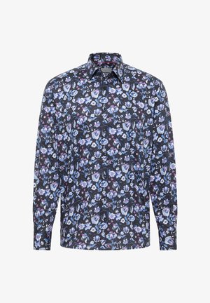 Lange mouwen zwart overhemd met bloemenpatroon in tinten blauw, paars en wit, met een puntige kraag.