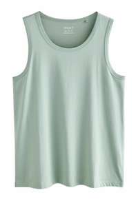 Vihreä tanktoppi, joka on valmistettu pehmeästä puuvillasta. Siinä on pyöreä kaula-aukko, tavanomainen istuvuus, eikä siinä ole näkyviä kuvioita tai varusteita.