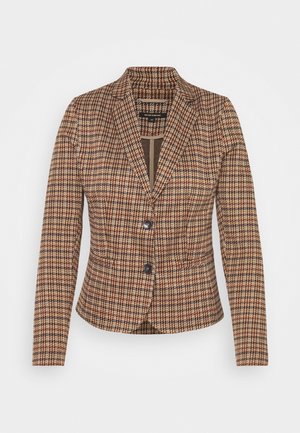 Blazer da donna in fantasia pied de poule marrone e beige con due bottoni neri e colletto a revers con intagli.