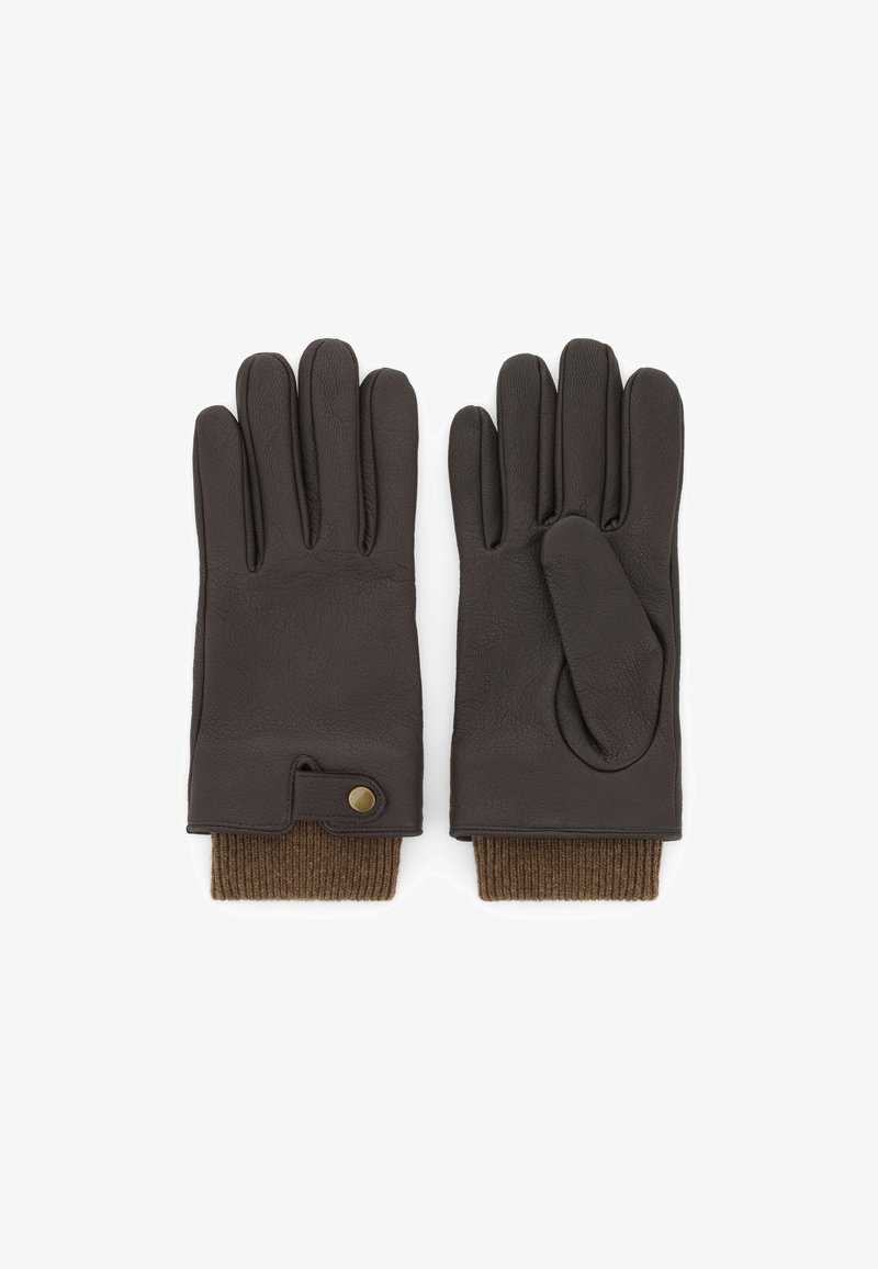 Paire de gants en cuir marron foncé avec poignets en maille côtelée, un gant montre un détail de bouton-pression au poignet, paumes et doigts visibles.