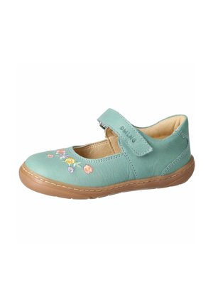 Light blue Mary Jane shoe with beige sole, adjustable strap, and small floral embroidery on the toe area.