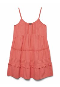 Vestido sin mangas de color coral con tirantes ajustables. Presenta niveles fruncidos, bandas texturizadas y un dobladillo con volantes. Fabricado con una tela ligera.