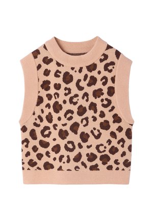Ärmellose, gestrickte beige Weste mit dunkelbraunem Leopardenmuster, gerippter Rundhals, Armausschnitten und Saum.