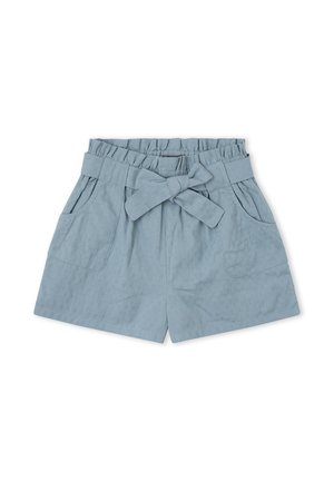 Shorts de tiro alto en azul claro con bolsillos delanteros y un cinturón de tela anudado en un lazo en la cintura, con un patrón de puntos texturizados.