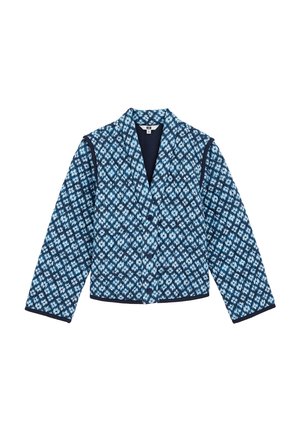 Giacca trapuntata in tonalità di blu con motivo a rombi, rifiniture color navy e chiusura con bottoni. Il design presenta maniche lunghe e colletto a revers.