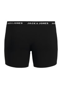 Schwarze Baumwollboxershorts mit elastischem Bund, versehen mit dem weißen "JACK & JONES"-Logo. Glatte Textur, figurbetontes Design, knielange Schnittführung.