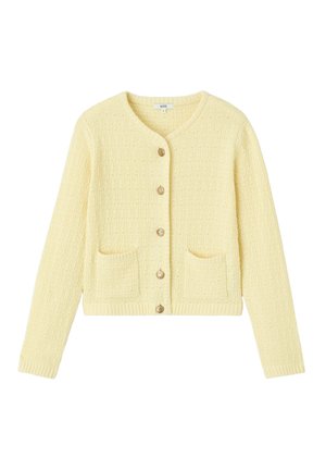 Cardigan jaune texturé avec un col rond, doté de cinq boutons dorés et de deux poches devant. Les poignets et l'ourlet côtelés complètent le design.