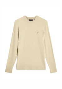 Camisola de manga comprida de cor creme, com decote redondo, textura leve e pequeno logótipo bordado de um pássaro no peito esquerdo.