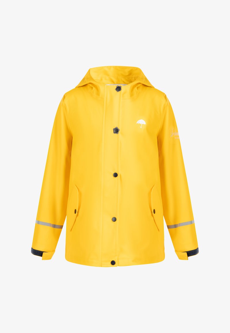 Ryškiai geltona vandeniui atspari lietpaltis su kapišonu, juodomis mygtukais, atšvaitu juostele ant rankovių ir skėčio logotipu ant krūtinės.