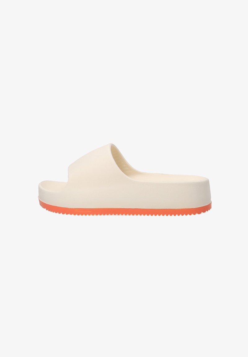 Slide sandal in cream with an orange sole, featuring an open toe design and smooth texture. Lightweight with a ridged bottom for traction.