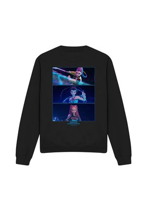 Black sweatshirt with three horizontal panels showing animated female characters in action poses from K-Pop Demon Hunters.