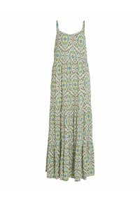 Vestido maxi con tirantes finos, que presenta un estampado floral verde y azul sobre un fondo beige, con un dobladillo con volantes y una tela ligera.