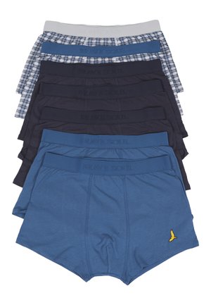 Sieben Paar Herrenboxershorts in Blau, Schwarz und Grau, zwei Paare mit karierten Mustern und "Brave Soul" Taillenbändern.