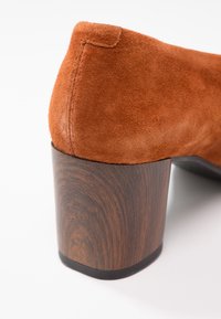 Chaussure à talon haut en suede marron avec un talon en bois. Le talon présente une texture de grain de bois foncé, et la finition en suede semble douce et lisse.
