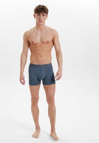 Graue Boxer-Briefs mit einem strukturierten Bund, körpernaher Passform und weichem Stoff. Das Modell steht barfuß mit neutralem Ausdruck.
