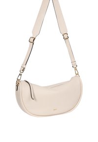 Handtasche aus cremefarbenem Leder mit geschwungener Form, goldfarbenen Metallakzenten, verstellbarem Riemen und Reißverschluss mit schwarzem Zipper.