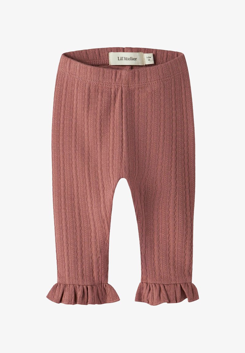 Leggings bébé rose côtelés avec poignets volantés et taille élastique, taille 1-2 mois, fabriqués par Lil' Atelier.