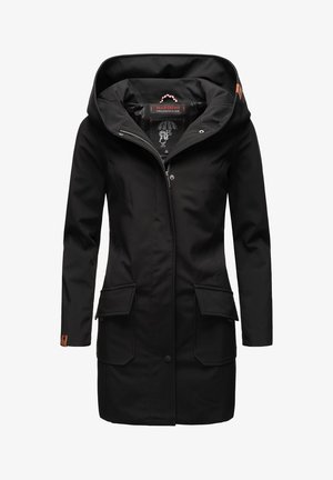 Black waterproof parka with a hood, front zipper, two large front pockets, and leather accents. Smooth texture and fitted design.