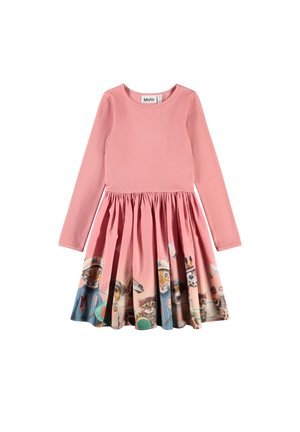Vestito rosa a maniche lunghe con gonna arricciata caratterizzato da colorati personaggi di animali che indossano vestiti e accessori lungo l'orlo.