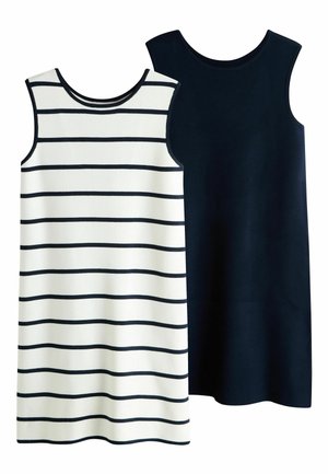 Dos vestidos sin mangas hasta la rodilla, uno blanco con rayas horizontales negras y otro negro sólido, ambos con escote redondo.