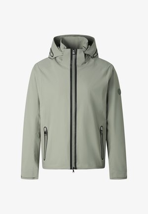 Hellgraue, wasserdichte Kapuzenjacke mit schwarzem Reißverschluss, Reißverschlusstaschen an den Seiten, langen Ärmeln und hohem Kragen.