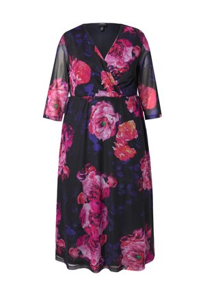 Ulla Popken SHEER FLORAL LAYERED WRAP LOOK - Jersey dress - marine