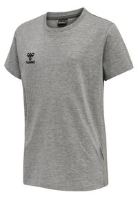 Grå bomulls T-shirt med korta ärmar, rund nacke, med en svart logotyp och kontrastsömmar, samt en sidoflagsdetalj.