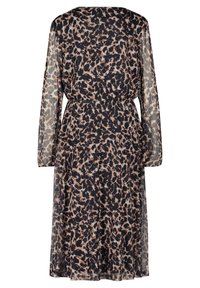 Leopard print dress with long sheer sleeves, a fitted waist, and a flowy A-line silhouette. Colors include black, brown, and beige tones.