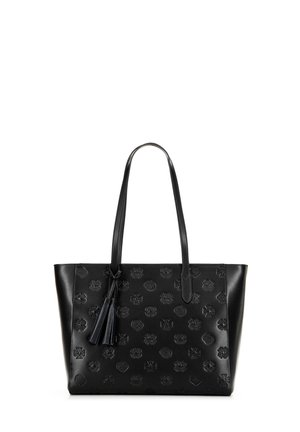 Sac fourre-tout en cuir noir avec des motifs floraux et géométriques en relief, texture lisse, deux poignées épaules et un accent à pompon.