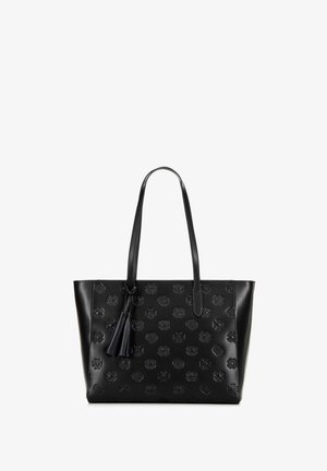 Borsa tote in pelle nera con motivi floreali e geometrici in rilievo, texture liscia, due manici e un accento con nappina.