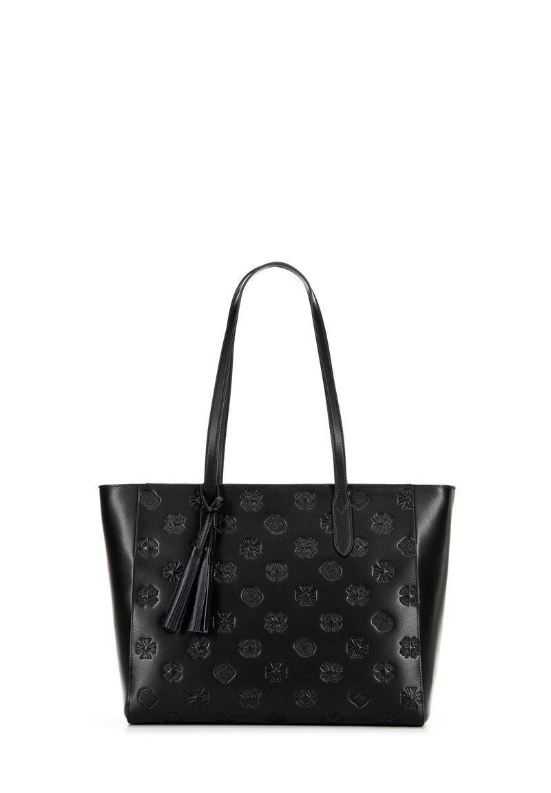 Borsa tote in pelle nera con motivi floreali e geometrici in rilievo, texture liscia, due manici e un accento con nappina.