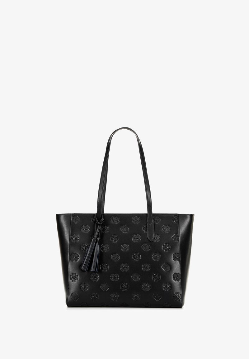 Zwarte leren schoudertas met gegraveerde bloem- en geometrische patronen, zachte textuur, twee schouderbanden en een kwastaccent.