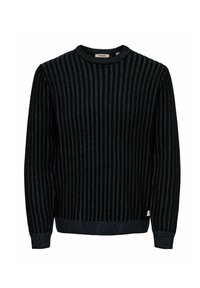 Pletena veste u crnoj boji s tamnoplavim okomitim prugama. Ima okrugli izrez, dugačke rukave i rebraste manžete i rub.
