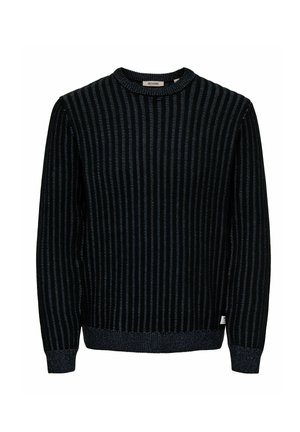 Pull en tricot noir avec des rayures verticales bleu foncé. Doté d'un col ras du cou, de manches longues, et de bords côtes aux poignets et à l'ourlet.