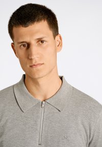 Grå zip-up polo shirt med ribbad krage och textilstruktur, med en liten logotyp på bröstet. Slät finish och minimalt design.