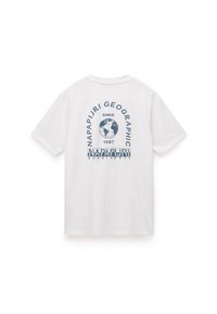 Hvid bomulds t-shirt med et blåt jordklodegrafik og teksten "Napapijri Geographic" på ryggen, korte ærmer og afslappet pasform.