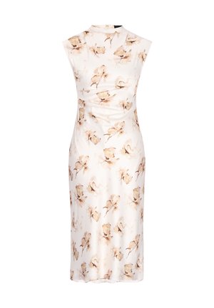 Ærmeløs hvid midi-kjole med blødt beige og lys brun blomstret print, høj halsudskæring og tætsiddende silhuet.