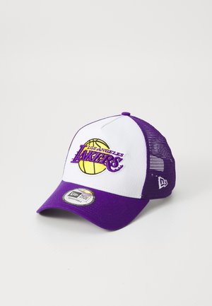 Purple and white adjustable cap with embroidered "Los Angeles Lakers" logo, a basketball graphic, and mesh sides for breathability.