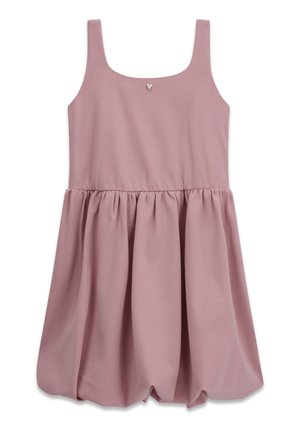 Robe mauve sans manches avec encolure carrée, jupe froncée et petit détail décoratif triangulaire au centre du corsage avant.