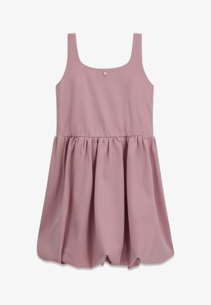 Robe mauve sans manches avec encolure carrée, jupe froncée et petit détail décoratif triangulaire au centre du corsage avant.