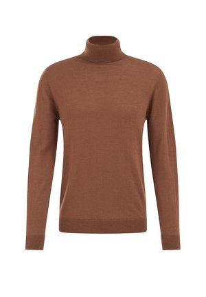 Brun polotröja i mjukt stickat tyg, med långa ärmar och ribbade mudd, med en figurnära silhuett och minimal design.