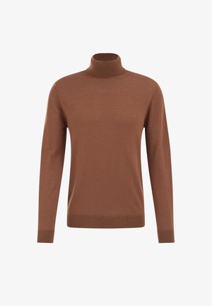 Pull à col roulé marron en tissu tricoté doux, avec des manches longues et des poignets côtelés, arborant une silhouette ajustée et un design minimal.