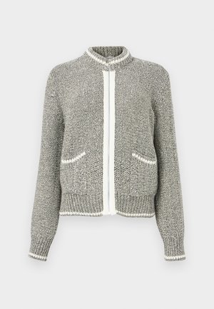 Γκρι και λευκή πλεκτή ζακέτα με φερμουάρ, μακριά μανίκια, δύο μπροστινές τσέπες και ριμπ μανσέτες και κάτω μέρος.