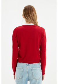Maglione rosso in maglia con orlo e collo a coste, caratterizzato da maniche lunghe. Abbinato a jeans di denim azzurro chiaro, con dettagli posteriori visibili.