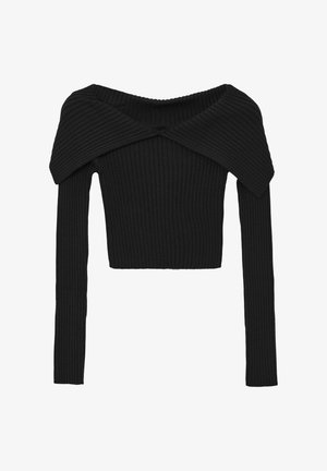 Schwarzes, kurzes Top aus geripptem Stoff. Verfügt über ein schulterfreies Design mit langen Ärmeln und einem weiten Kragen. Strukturierte Oberfläche.