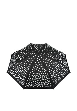 Ombrello nero con pois bianchi e piccoli volti sorridenti sparsi sulla superficie, con una firma vicino al bordo.