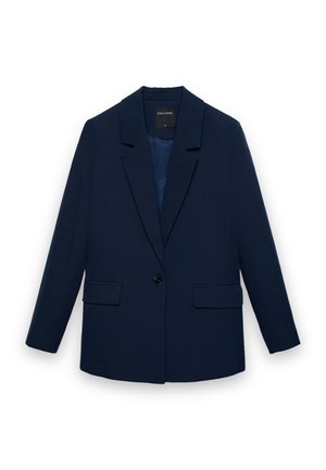 Navy blue single-button blazer with notch lapels, long sleeves, two front flap pockets, and a smooth lining.