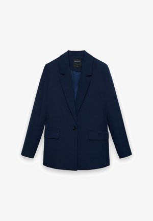 Navyblauer Ein-Knopf-Blazer mit Kerbkragen, langen Ärmeln, zwei vorderen Pattentaschen und einem glatten Futter.
